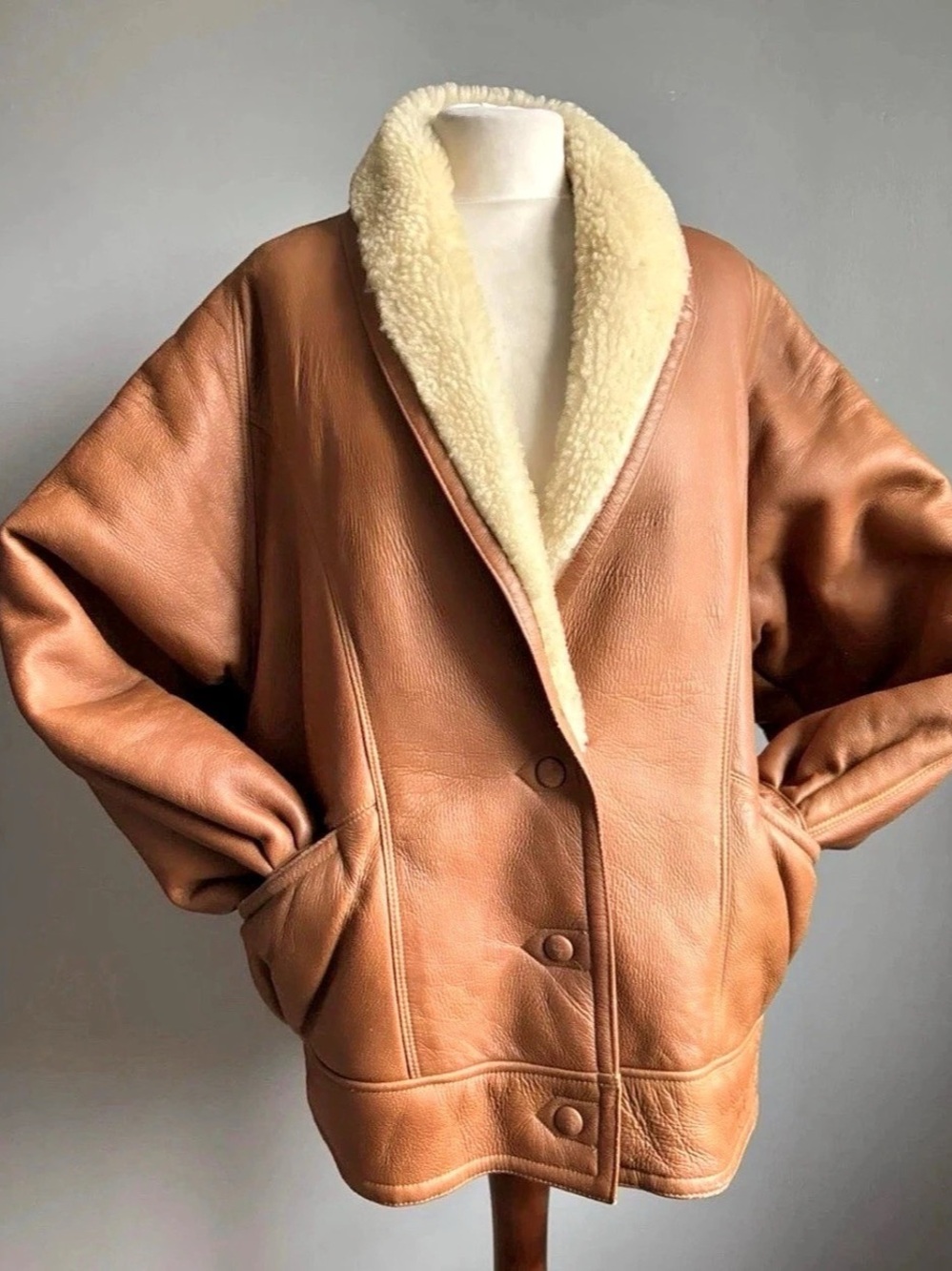 HYDE GENUINE SHEEPSKIN SHEARLING COAT Tan retro vintage aviator Icelandic lamb